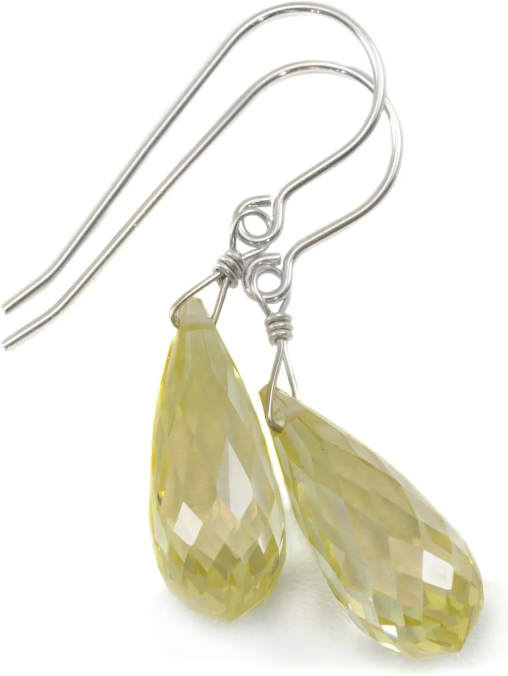 Cubic Zirconia Earrings Pale Yellow Simulated Diamond Teardrops Faceted Simple Briolette CZ Drops 1.4"