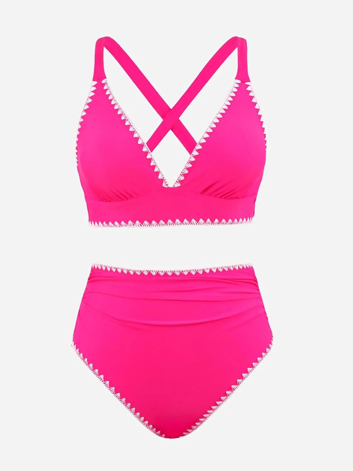 CUPSHE Women's Bikini Sets High Waisted Swimsuit Deep V Neck Crisscross Back Tie Stitching Ruched Full Coverage