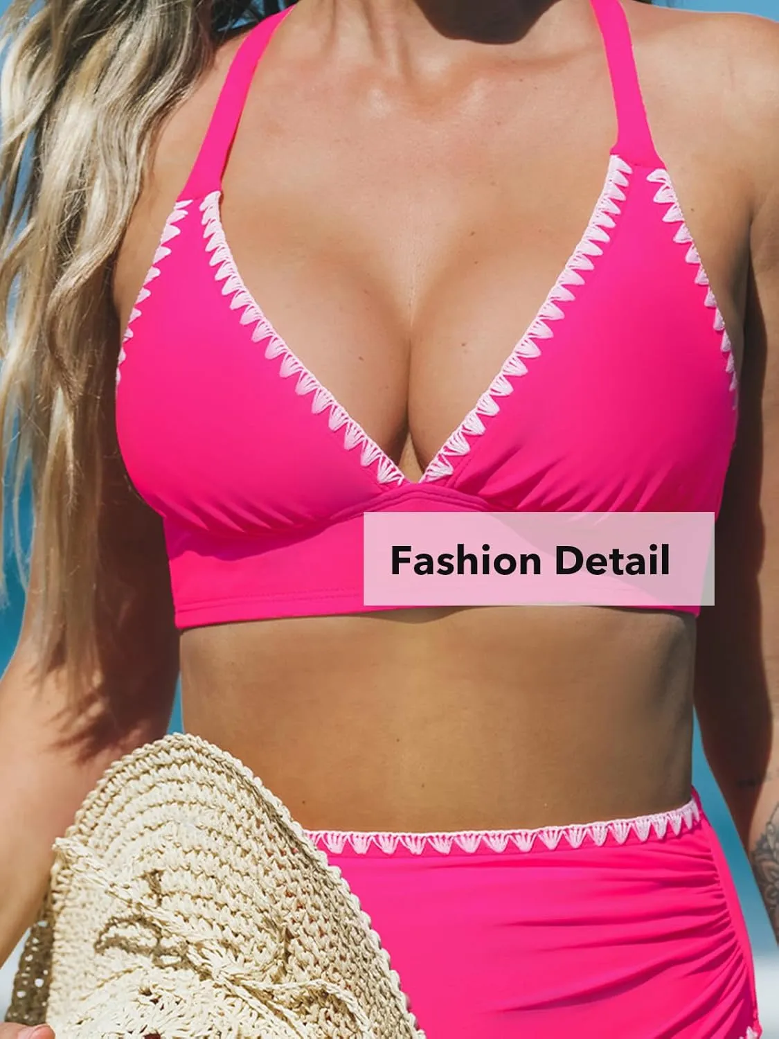 CUPSHE Women's Bikini Sets High Waisted Swimsuit Deep V Neck Crisscross Back Tie Stitching Ruched Full Coverage