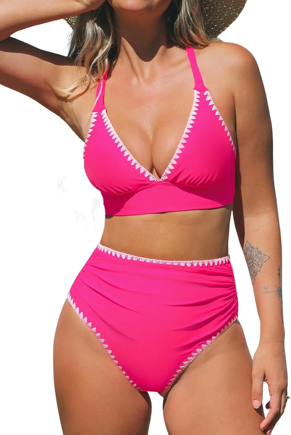 CUPSHE Women's Bikini Sets High Waisted Swimsuit Deep V Neck Crisscross Back Tie Stitching Ruched Full Coverage