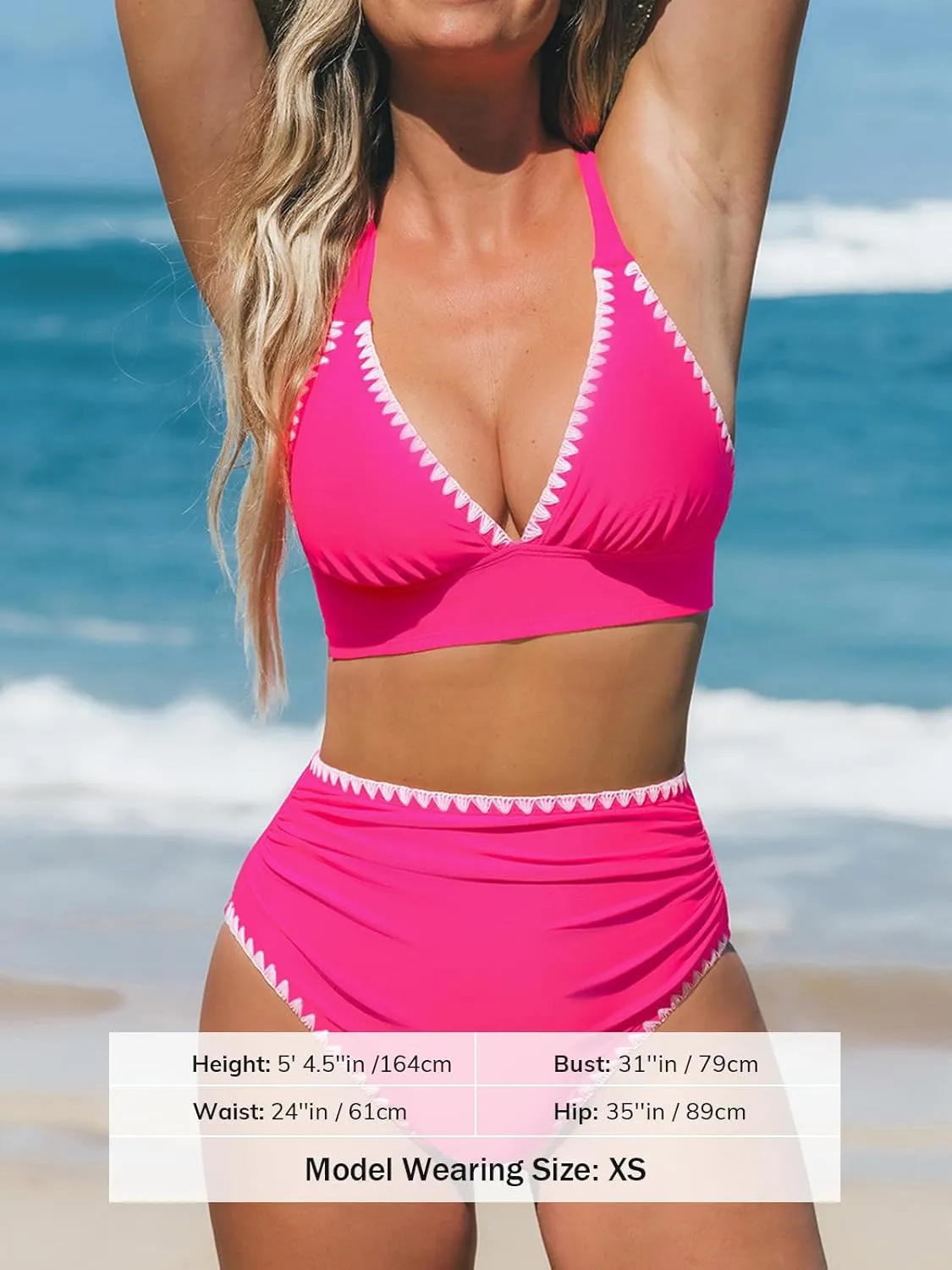 CUPSHE Women's Bikini Sets High Waisted Swimsuit Deep V Neck Crisscross Back Tie Stitching Ruched Full Coverage