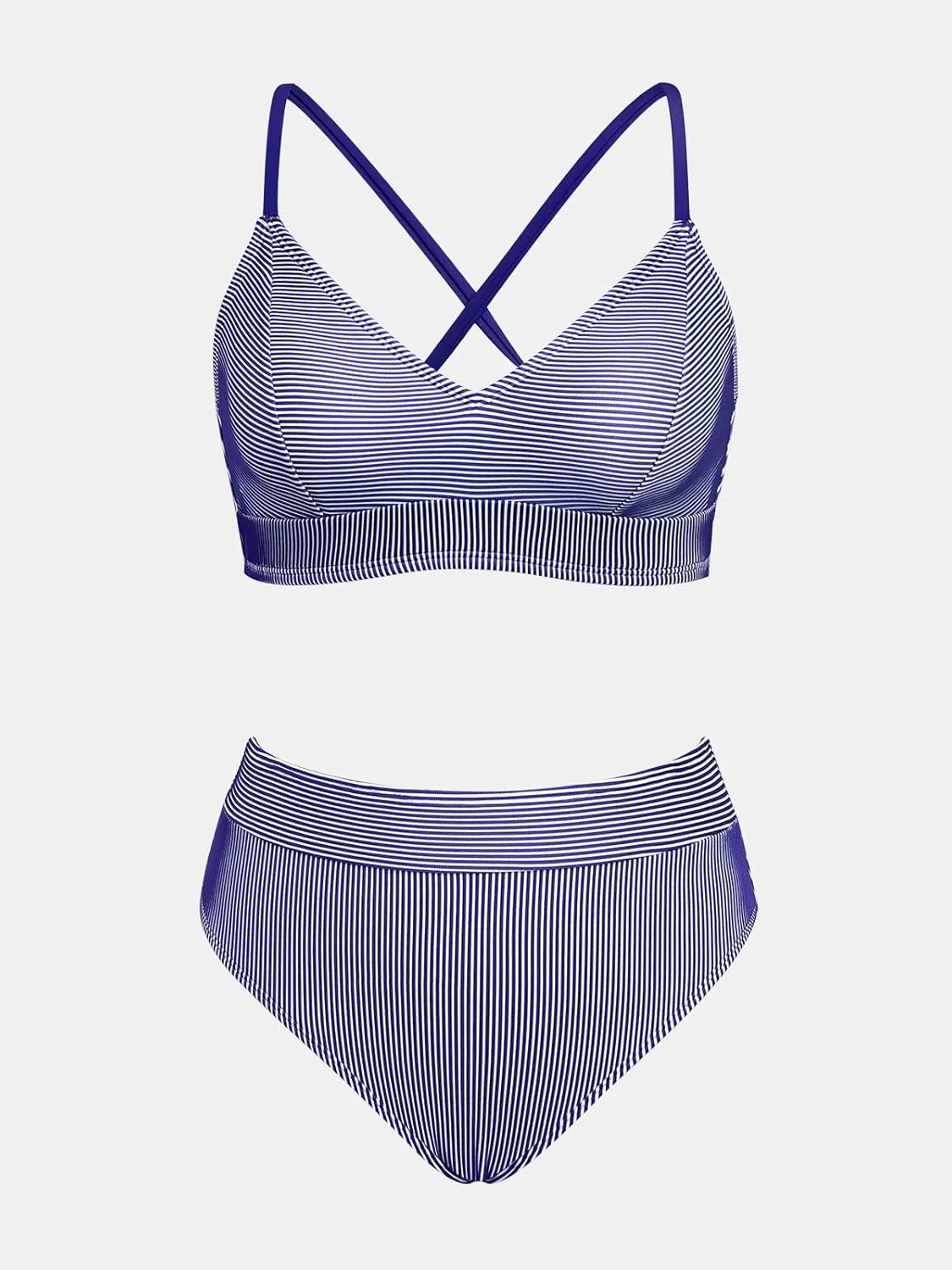 CUPSHE Women's Bikini Sets Two Piece Swimsuit High Waisted Striped V Neck Swimwear Back Tie