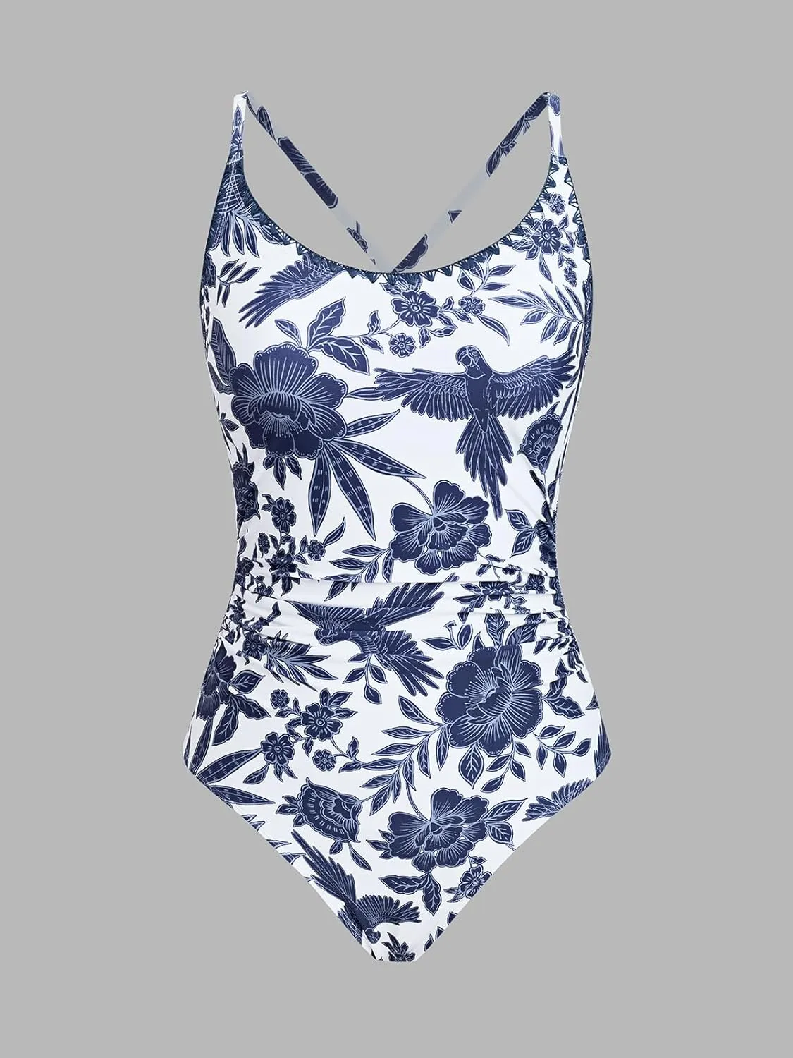 CUPSHE Women's One Piece Swimsuit Bathing Suit Scoop Neck Back Tie Shell Stitch Ruched Swimwear