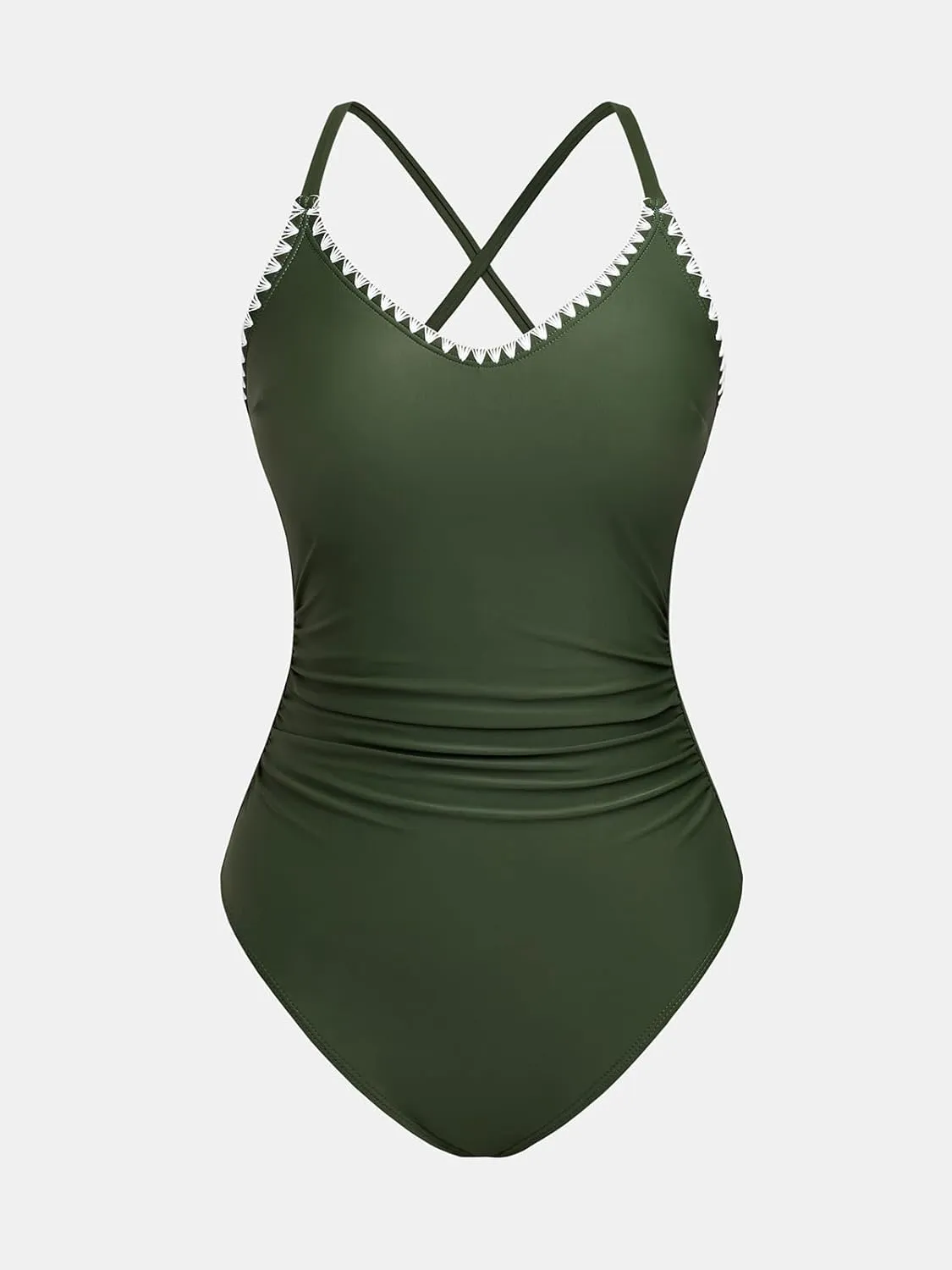 CUPSHE Women's One Piece Swimsuit Bathing Suit Scoop Neck Back Tie Shell Stitch Ruched Swimwear