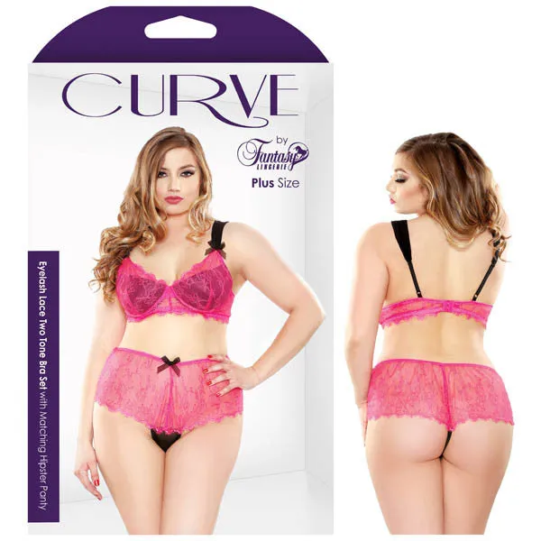 CURVE EYELASH LACE TWO TONE BRA SET WITH MATCHING HIPSTER PANTY