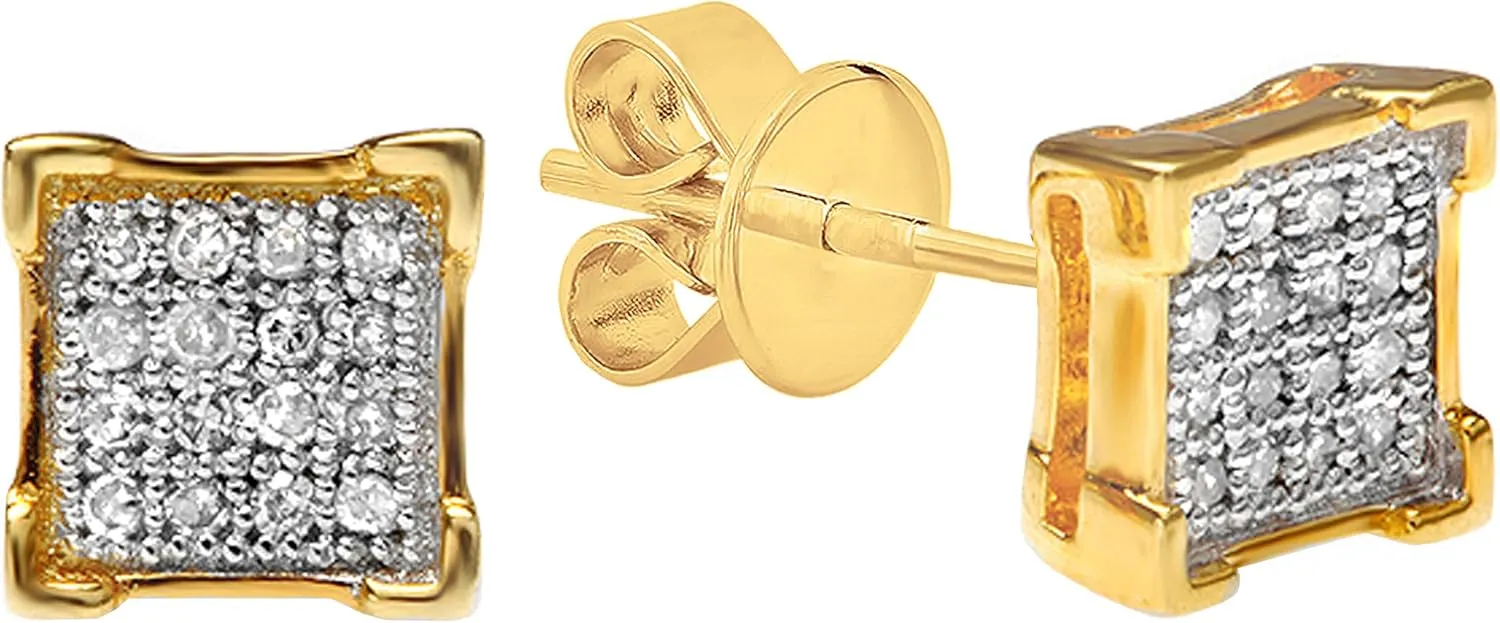 Dazzlingrock Collection Round White Diamond Square Frame Stud Earrings for Men in Yellow Plated Sterling Silver