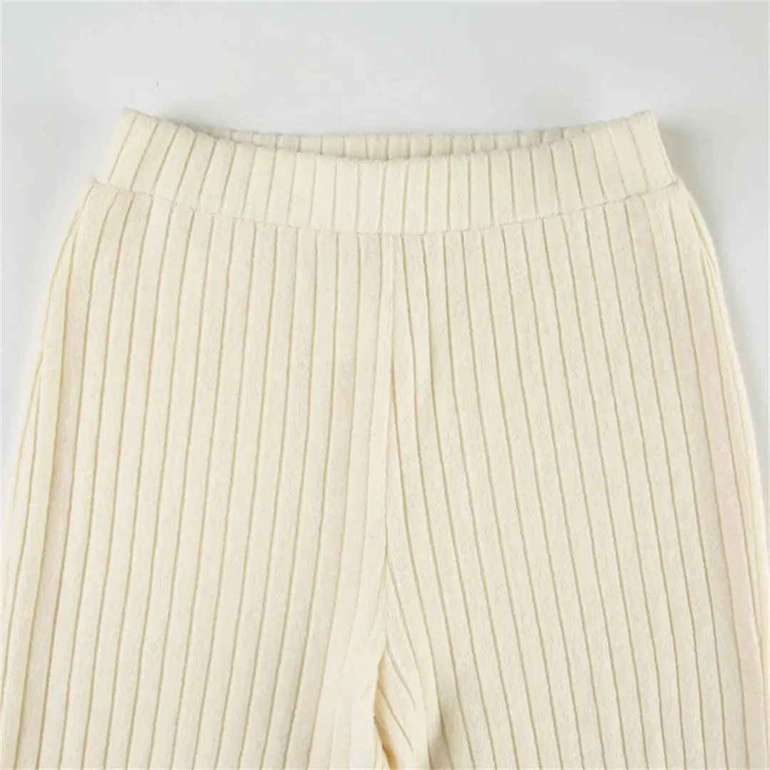 DBFBDTU Women Solid Knitted Pants Loose Mid-Waisted Straight Pants Streetwear Office Warm Trouser
