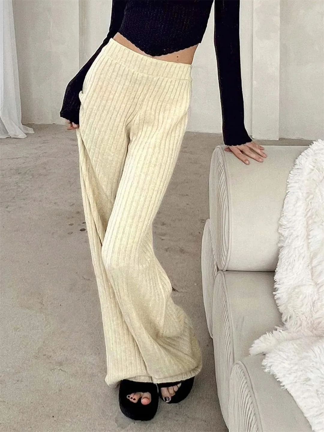 DBFBDTU Women Solid Knitted Pants Loose Mid-Waisted Straight Pants Streetwear Office Warm Trouser