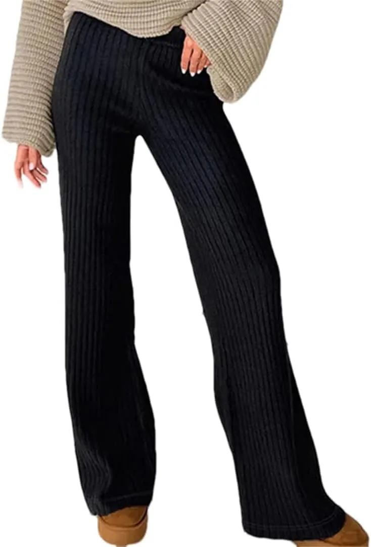 DBFBDTU Women Solid Knitted Pants Loose Mid-Waisted Straight Pants Streetwear Office Warm Trouser