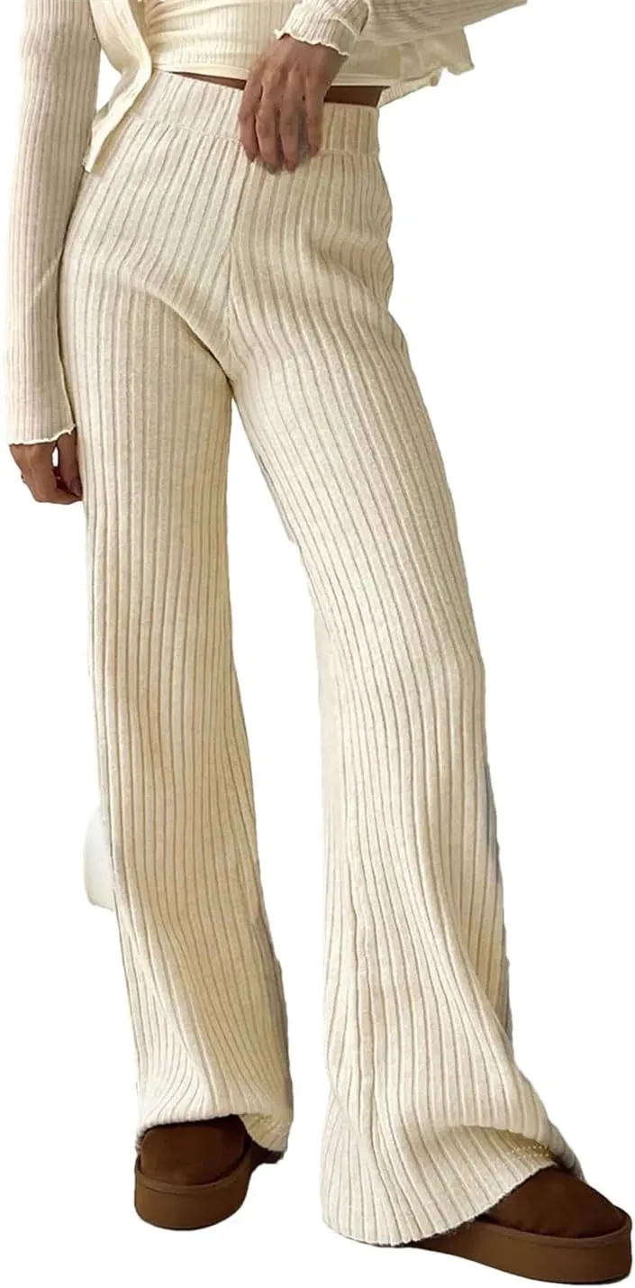 DBFBDTU Women Solid Knitted Pants Loose Mid-Waisted Straight Pants Streetwear Office Warm Trouser