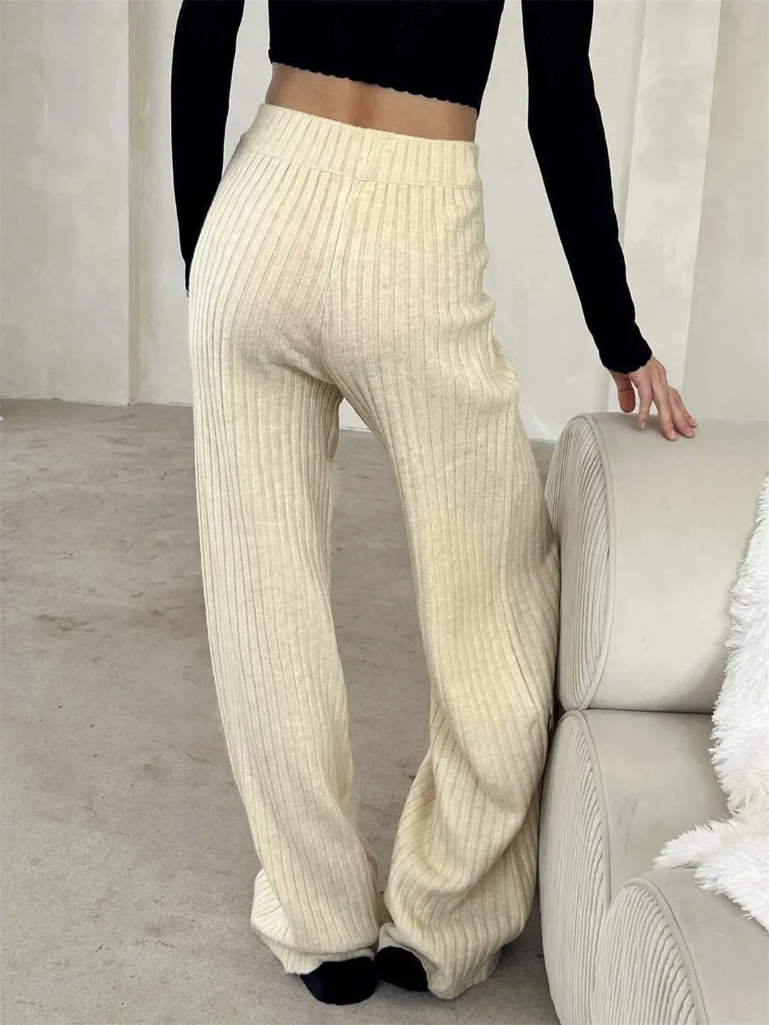 DBFBDTU Women Solid Knitted Pants Loose Mid-Waisted Straight Pants Streetwear Office Warm Trouser
