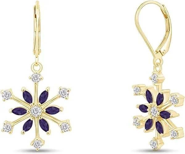 Divine Creation 2.00 Ct Marquise Cut Amethyst & White Diamond Snowflake Dangle Earrings 14K Yellow Gold Plated 925 Sterling Silver