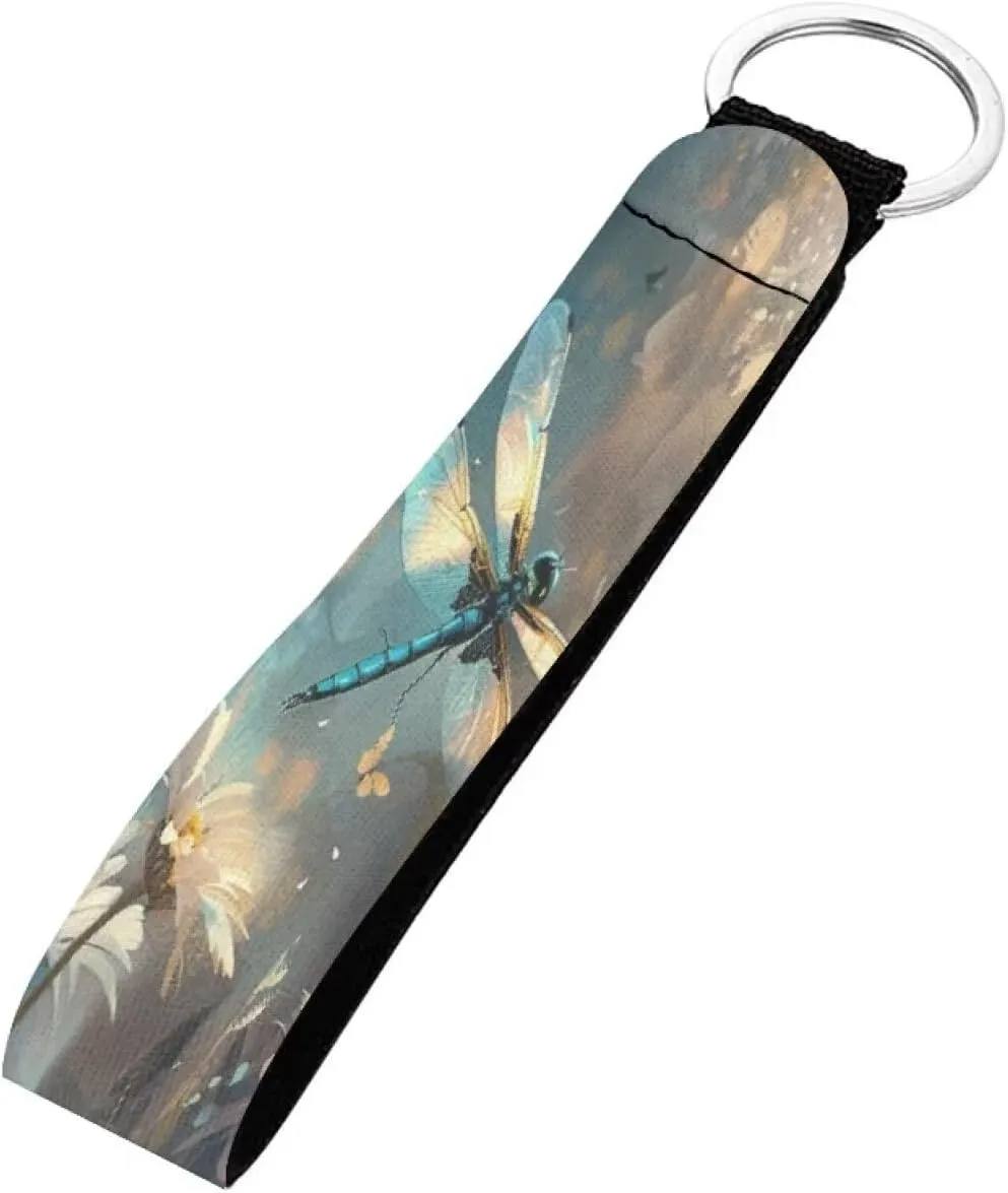 Dragonfly Daisy Print Wristlet Keychain, Hand Wrist Key Chain Car Key Holder for Kids Adult, Long Wrist Lanyards for Keys, Wallet, Id Holder, Chapstick Holder Keychain