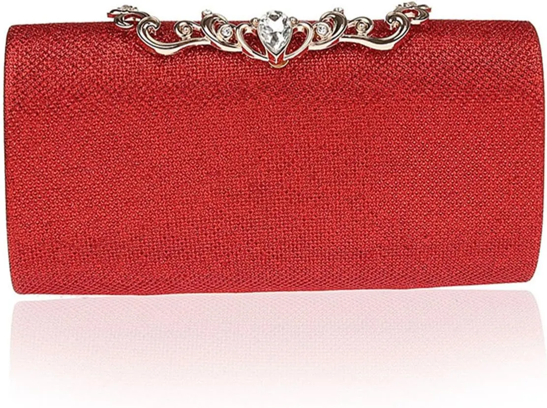 ELEOPTION Simple Women's Women Clutch Purse Hard Case Evening Bags Glitter Handbag With Diamante Snap Closure Cover Rectangle Design Pleated Satin For Wedding Party Best Gift (Red)