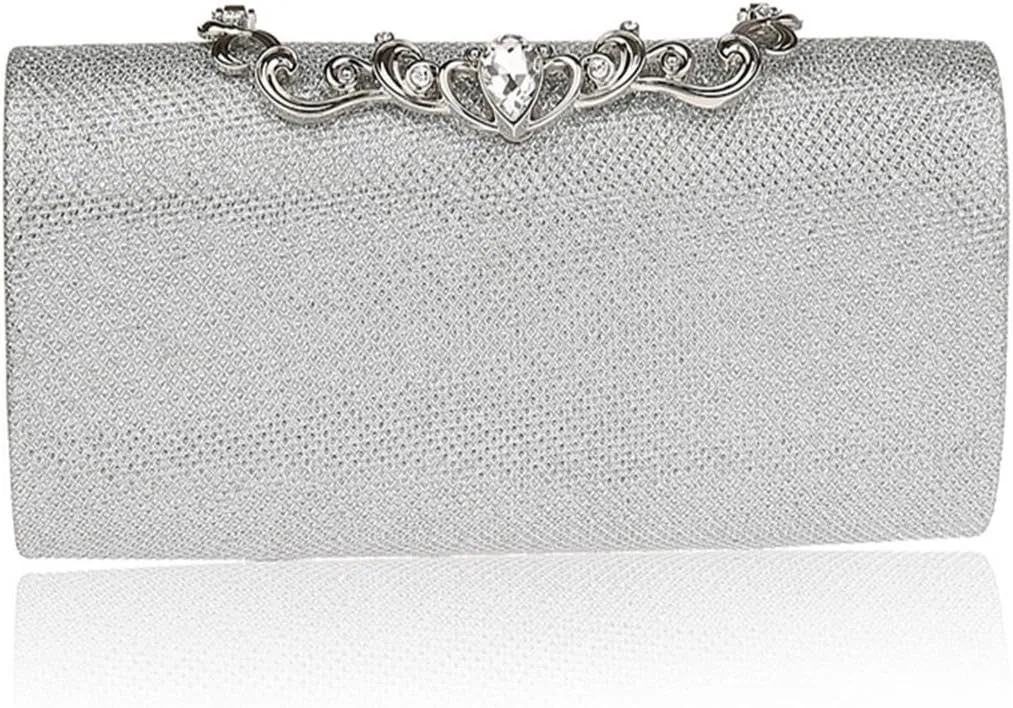 ELEOPTION Simple Women's Women Clutch Purse Hard Case Evening Bags Glitter Handbag With Diamante Snap Closure Cover Rectangle Design Pleated Satin For Wedding Party Best Gift (Silver)