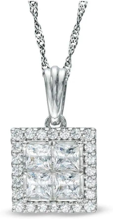 EternalDia 14K White Gold 1 cttw Quad Princess and Round White Natural Diamond Square Frame Pendant (Color H-I, Clarity I1-I2)