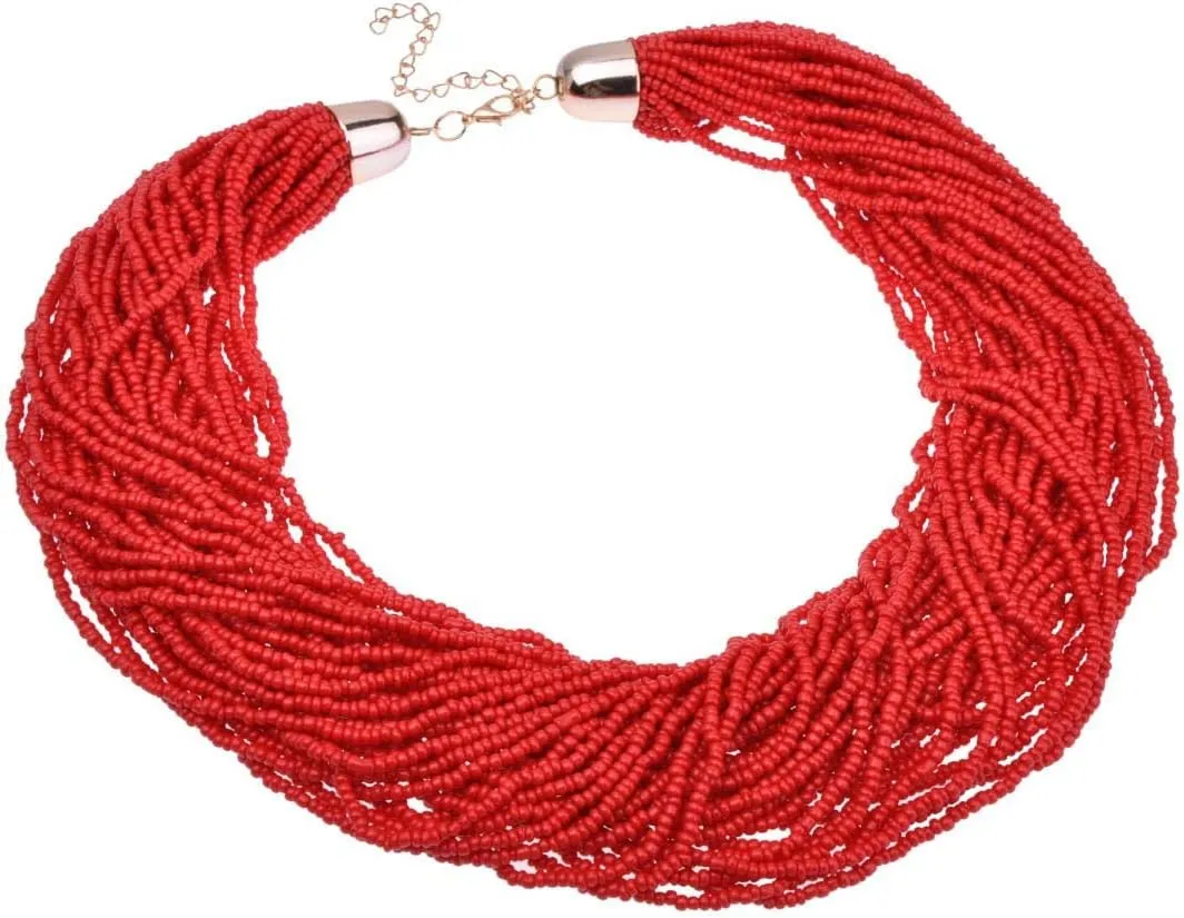 Fashion Multilayer Seed Bead Chain Choker Collar Necklace Earrings Set Cluster Strand Handmade Bib Statement Necklace