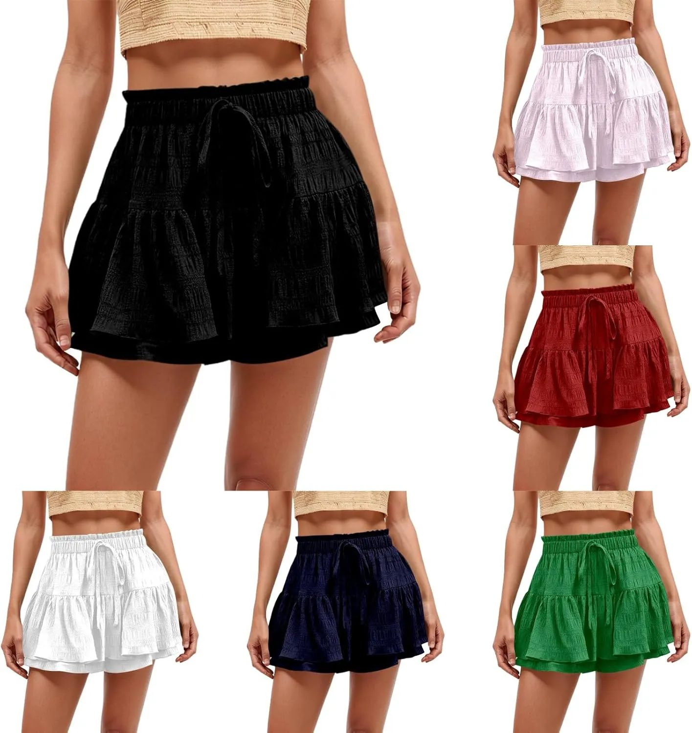 Flowy Summer Shorts for Women Lace Layered High Waist Elastic Mini Skirts Ruffle Hem Pleated Casual Swing Beach Skorts