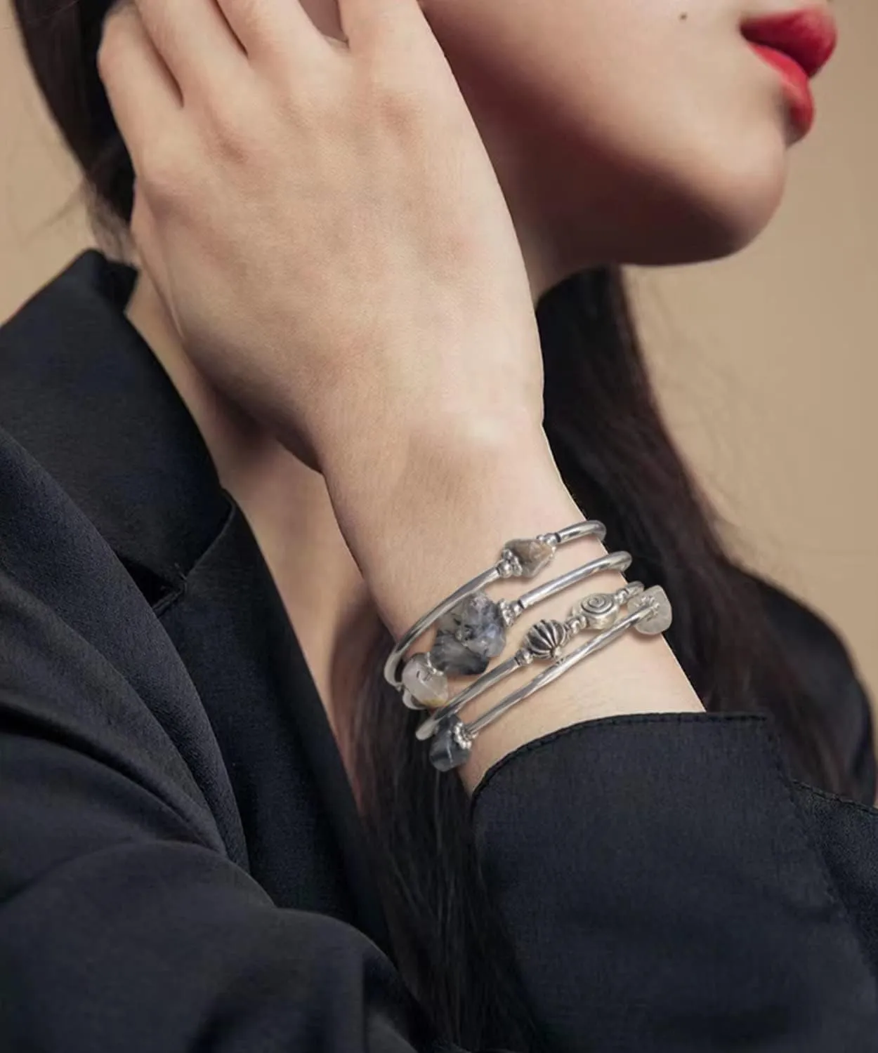 FULU AUTUMN Beaded Bangle Bracelets for Women Silver Wrap Bangles Bracelet Womens Costume Jewelry Fashion Gift