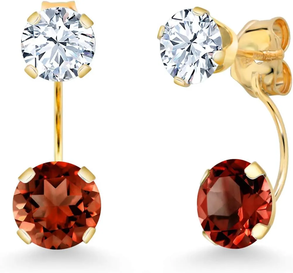 Gem Stone King 14K Yellow Gold Red Garnet and White Zirconia Dual Drop 2 Stone Round Earrings for Women | 3.50 Cttw | Gemstone Birthstone | Round 6MM and 5MM