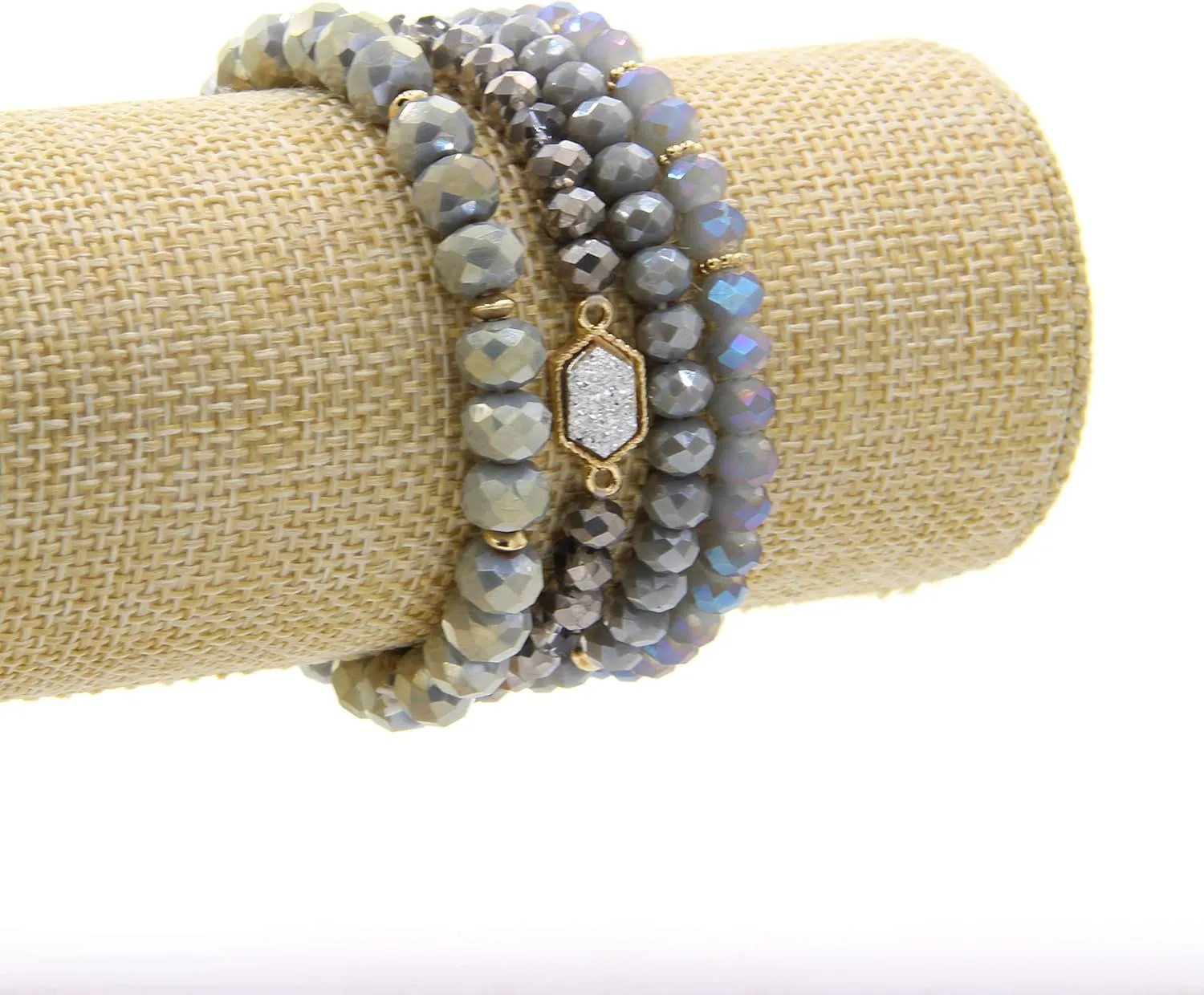 Gold Beaded Bracelet Set, Square Stone Hexagon Druzy Stretch Beaded Stackable Bracelets Bangles
