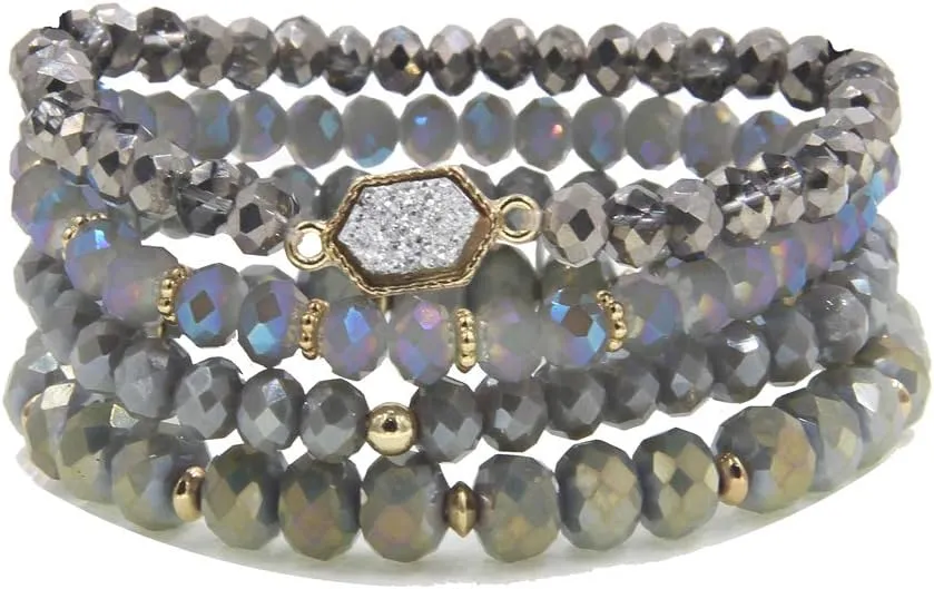 Gold Beaded Bracelet Set, Square Stone Hexagon Druzy Stretch Beaded Stackable Bracelets Bangles