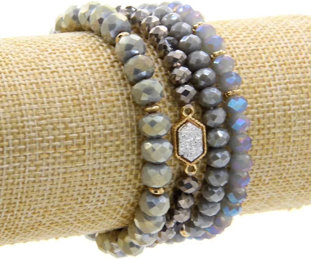 Gold Beaded Bracelet Set, Square Stone Hexagon Druzy Stretch Beaded Stackable Bracelets Bangles