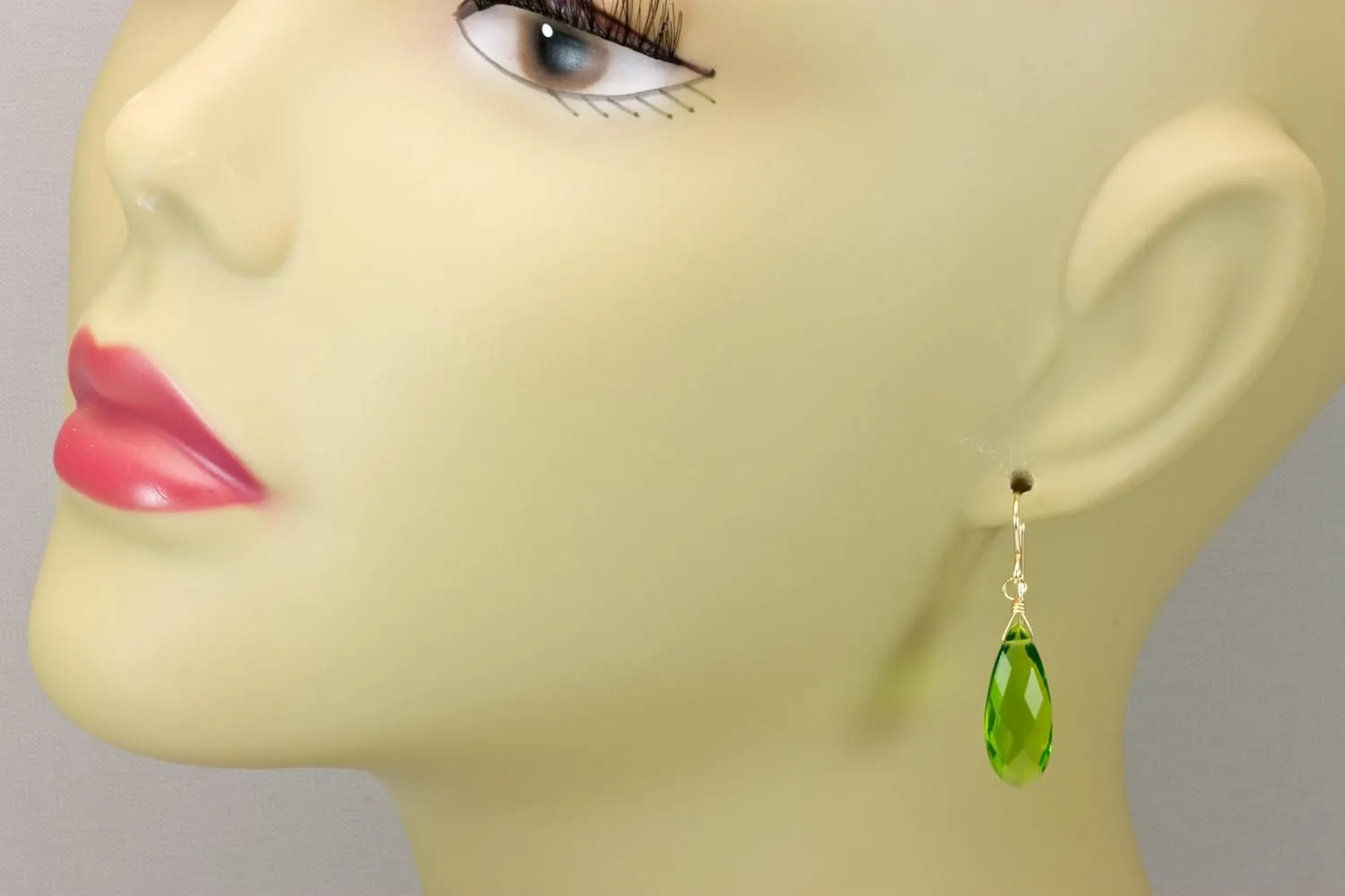 Green Simulated Peridot Earrings Long Teardrops Faceted Simple Lightweight Drops Spyglass Designs