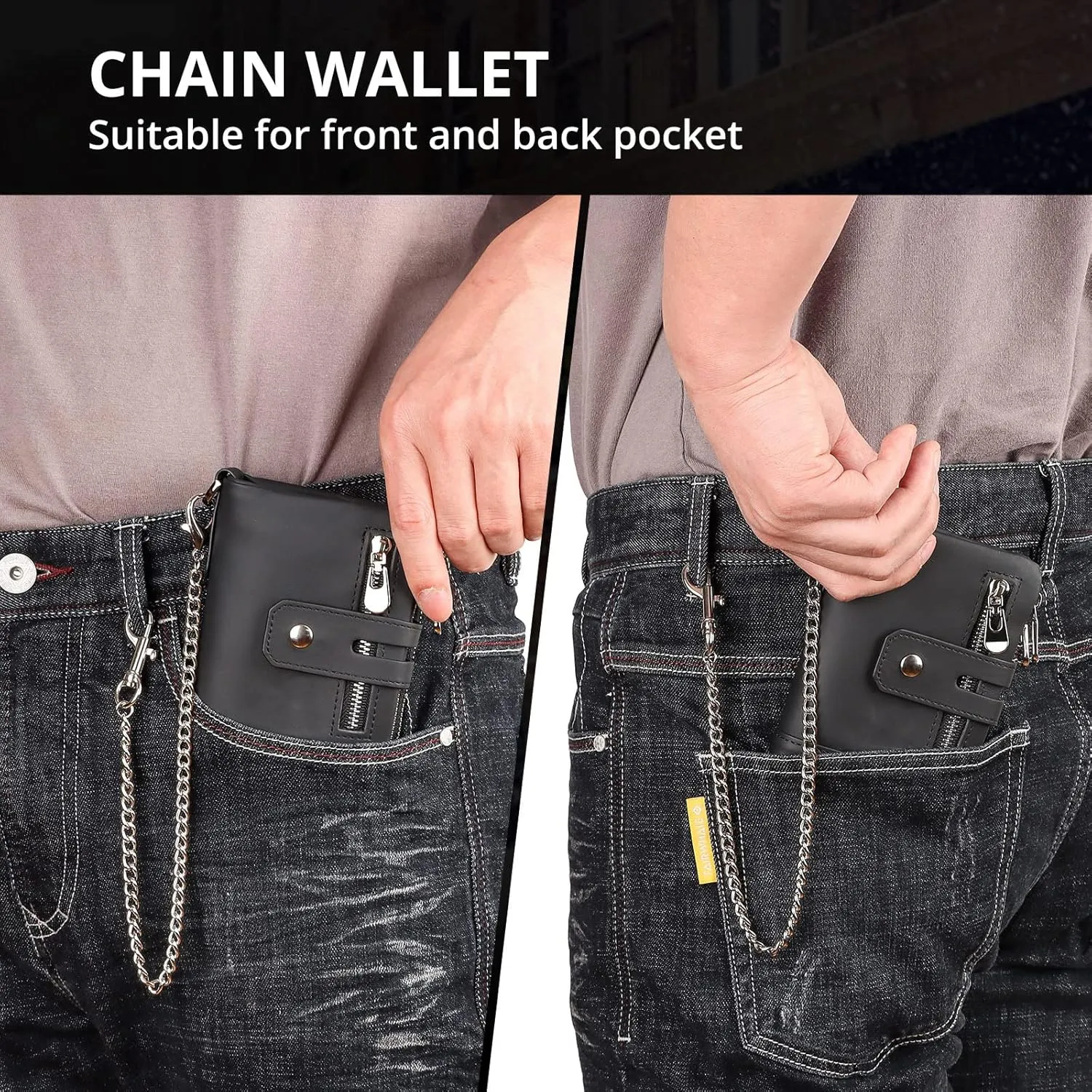 gzcz Mens Wallet with Chain RFID Blocking Genuine Leather Bifold Purse for Men with ID Window and Zip Coin Pocket