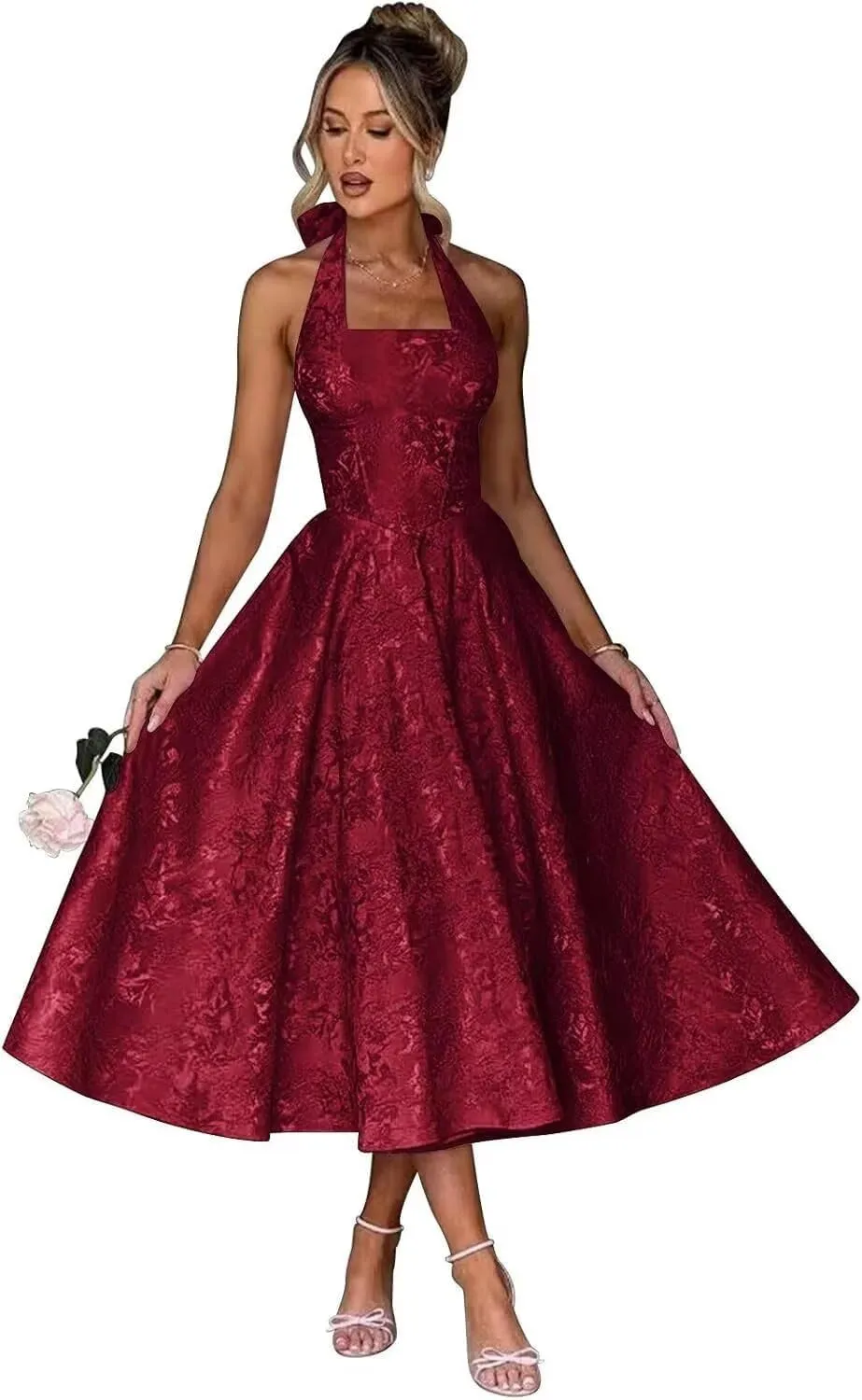 Halter Tea Length Prom Dresses 2025 Jacquard Satin A-Line Formal Evening Party Gowns PU241