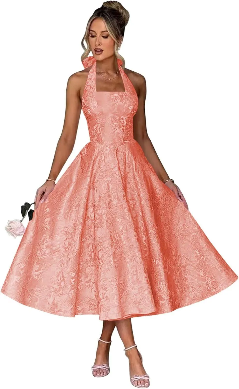 Halter Tea Length Prom Dresses 2025 Jacquard Satin A-Line Formal Evening Party Gowns PU241