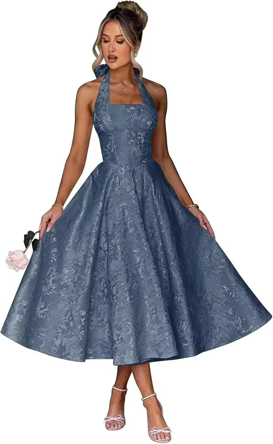 Halter Tea Length Prom Dresses 2025 Jacquard Satin A-Line Formal Evening Party Gowns PU241
