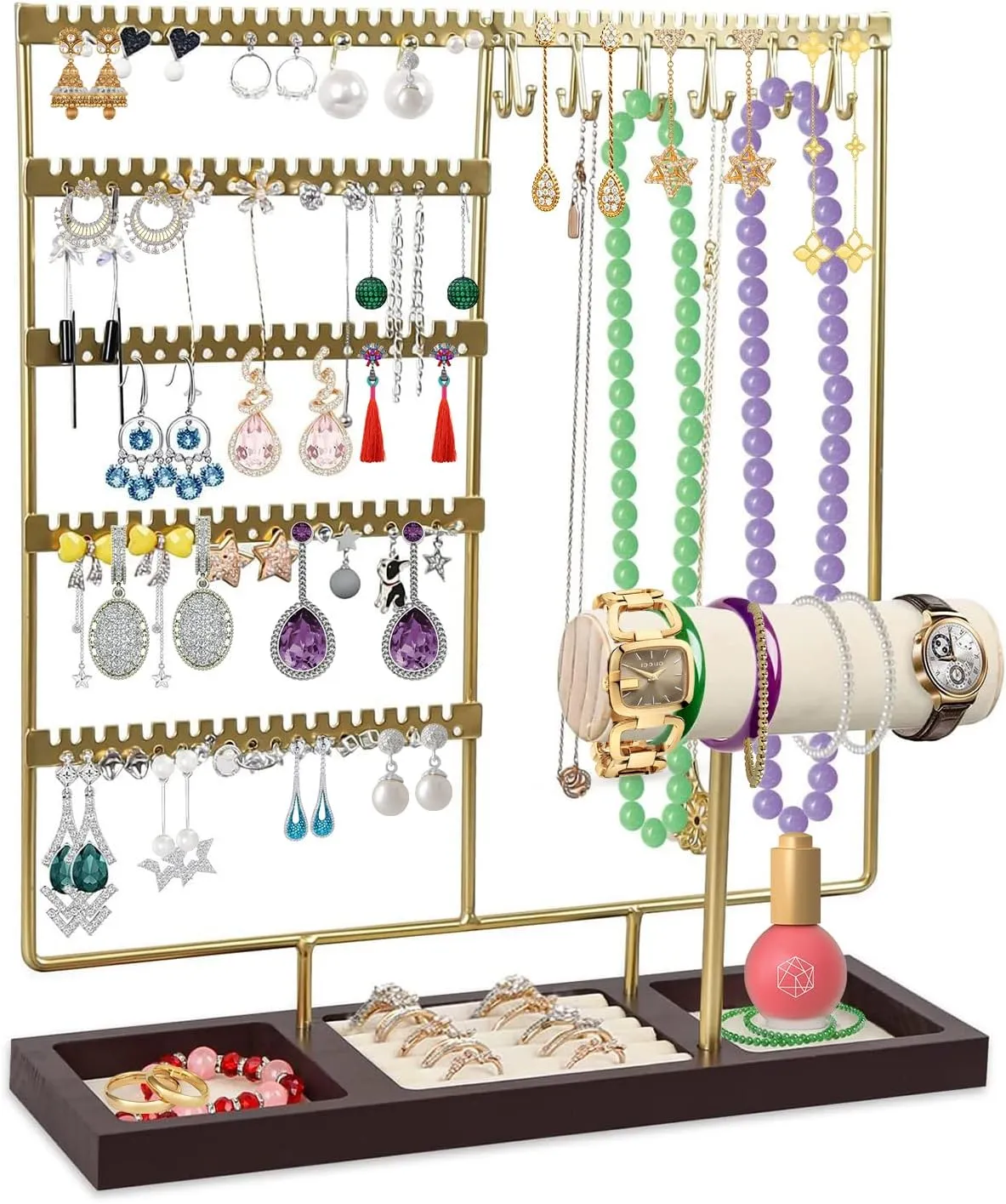 HINIHAO Earring Holder,Jewelry Organizer Stand Necklace Holder, 5-Tier Jewelry Tower Rack 108 Holes, 12 Hooks Necklaces Hanging, for Bracelets Earrings Rings Watches (Gold)