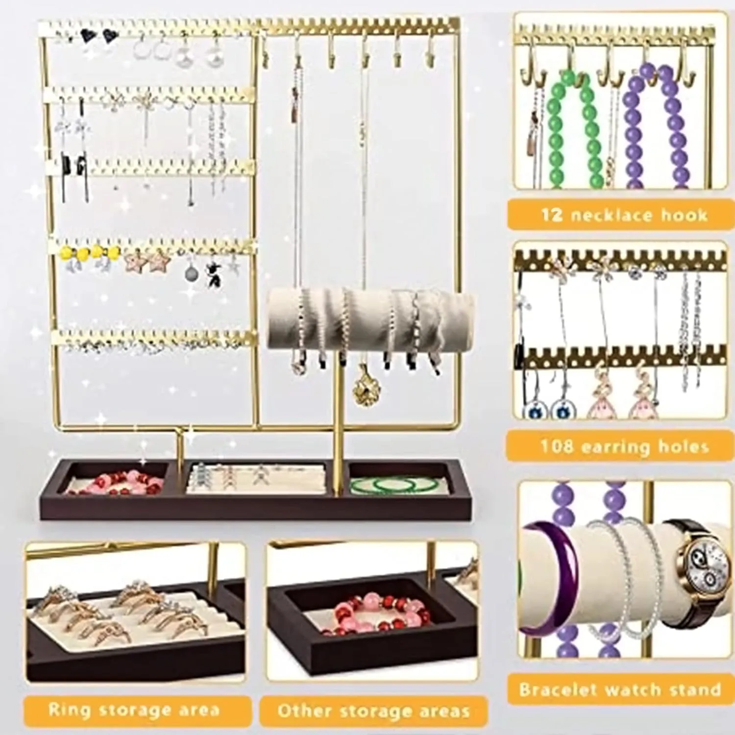 HINIHAO Earring Holder,Jewelry Organizer Stand Necklace Holder, 5-Tier Jewelry Tower Rack 108 Holes, 12 Hooks Necklaces Hanging, for Bracelets Earrings Rings Watches (Gold)