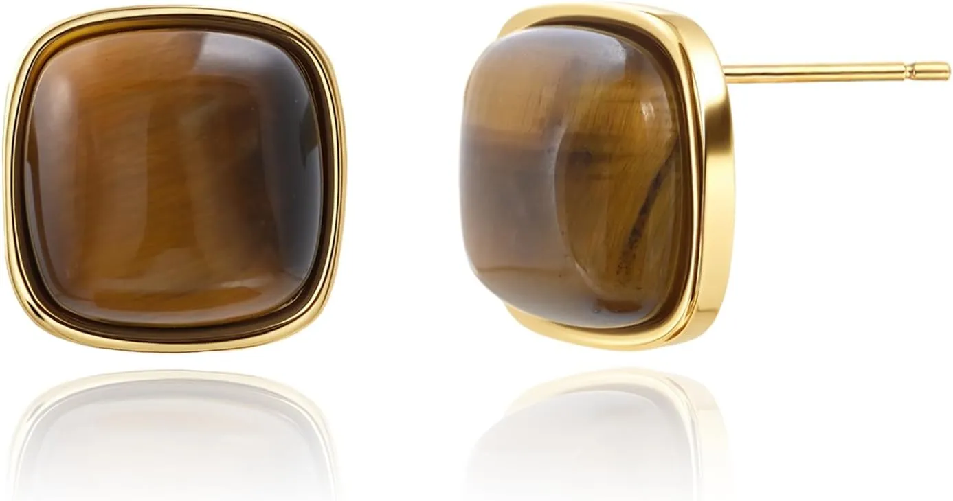 Hypoallergenic Tiger Eye Stud Earrings | 14K Gold Plated Square Jewelry with 925 Sterling Silver Post | 16MM Gemstone Gift for Sensitive Ears, Birthdays & Elegant Crystal Lovers
