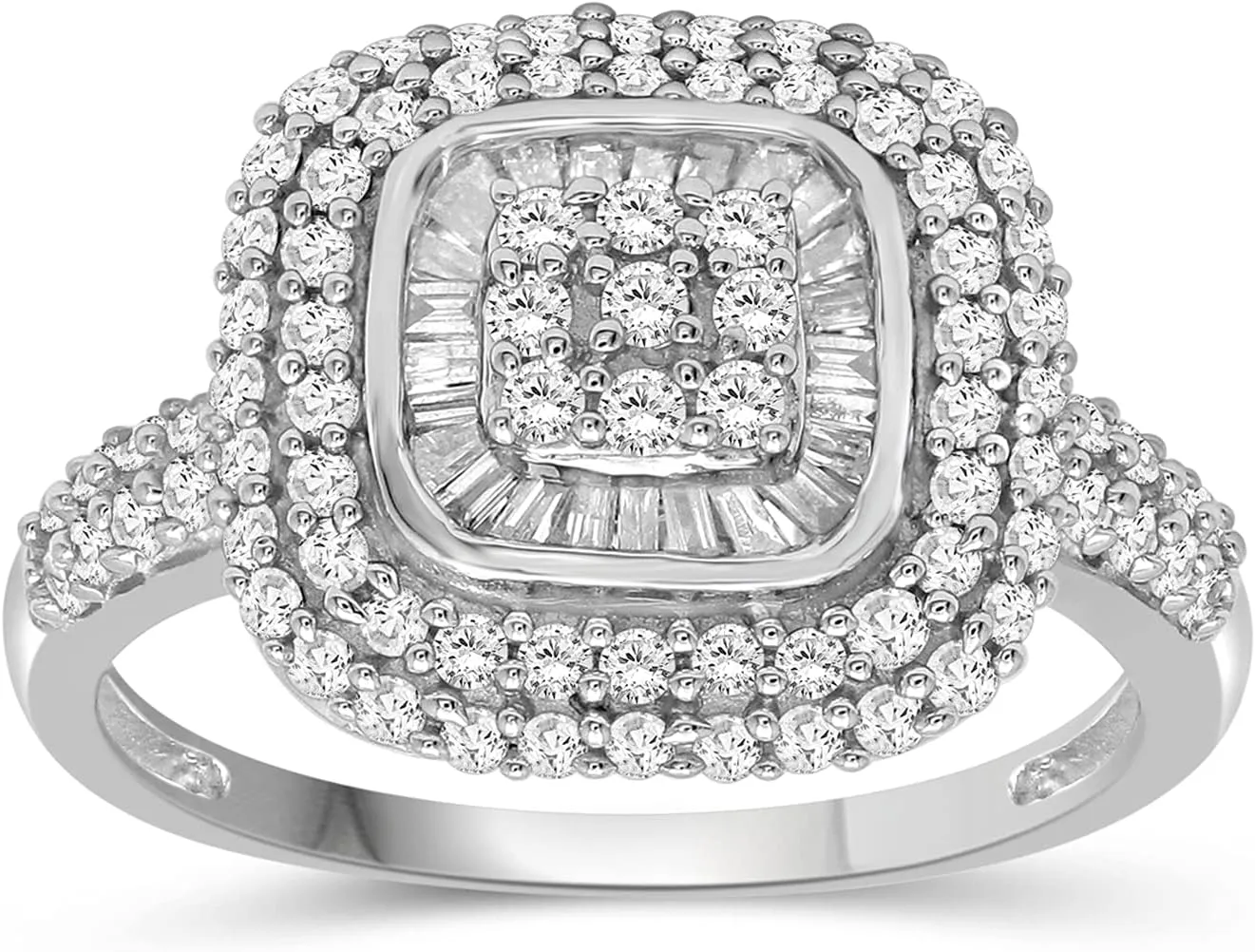 JEWELEXCESS White Diamond 1 Carat Ring with Sterling Silver for Women & Girls | Square Halo Promise Ring with Round & Baguette Cut Diamonds