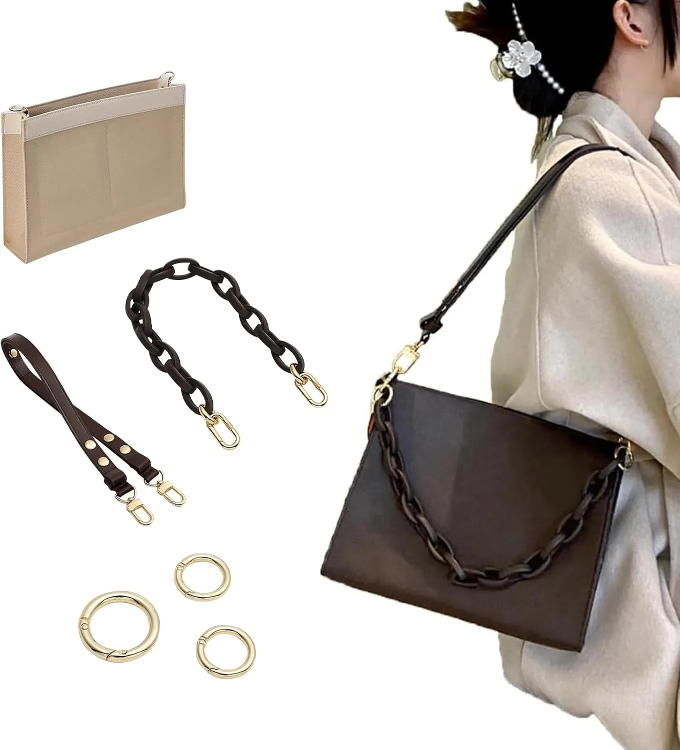 jiesinlov Purse Felt Organizer Insert with Leather Adjustable Shoulder Strap Replacement Crossbody,Resin Chain Bag Strap,Conversion Kit for Toiletry Pouch 26