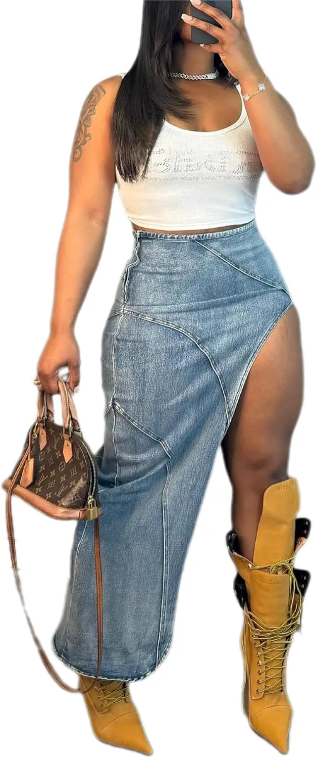 ksotutm Jean Skirt Blue High Waisted Long Denim Skirts for Women Sexy Denim Split Skirt