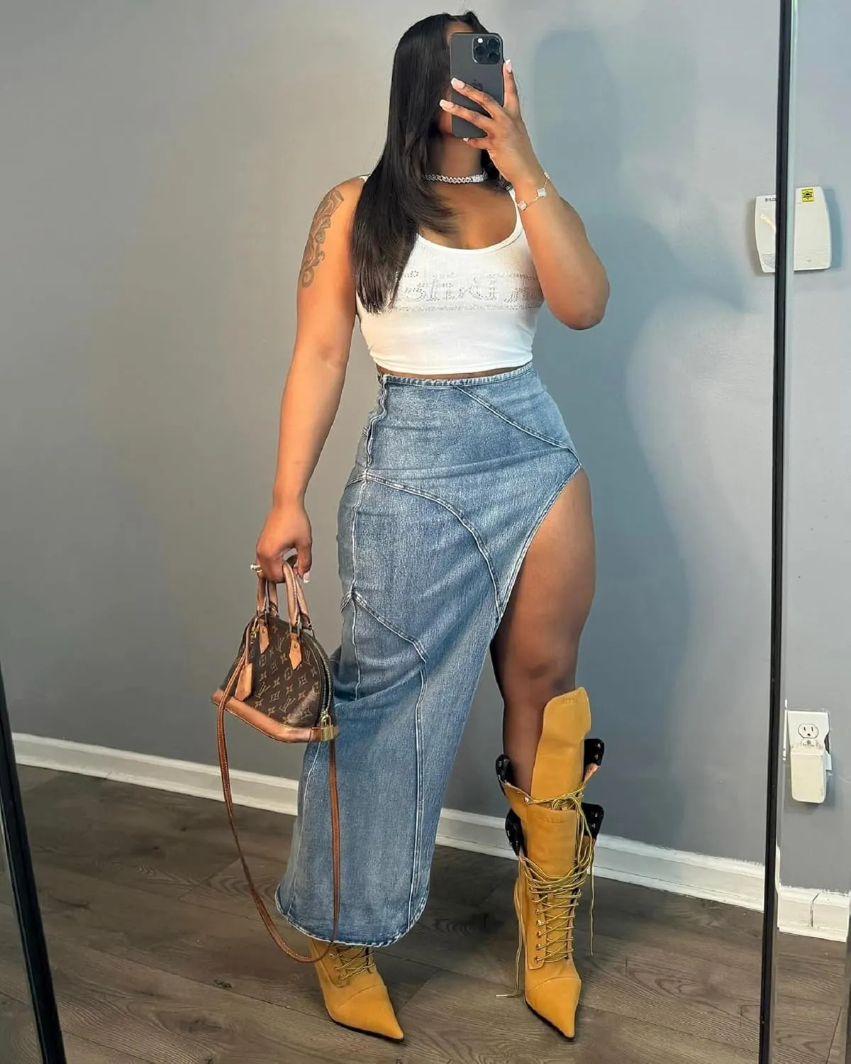 ksotutm Jean Skirt Blue High Waisted Long Denim Skirts for Women Sexy Denim Split Skirt