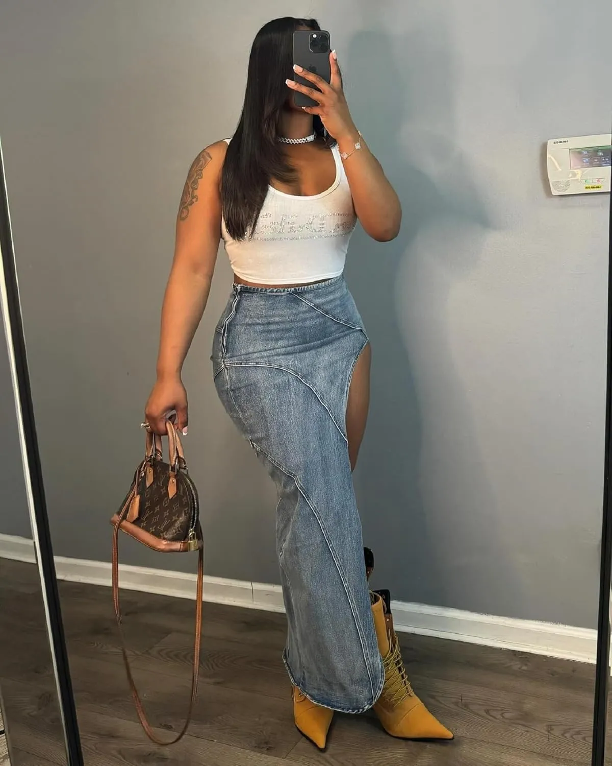 ksotutm Jean Skirt Blue High Waisted Long Denim Skirts for Women Sexy Denim Split Skirt