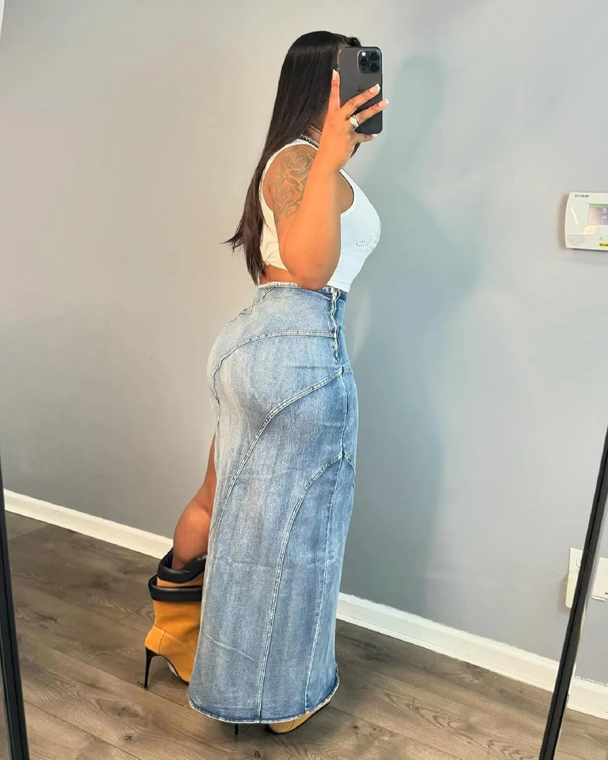 ksotutm Jean Skirt Blue High Waisted Long Denim Skirts for Women Sexy Denim Split Skirt