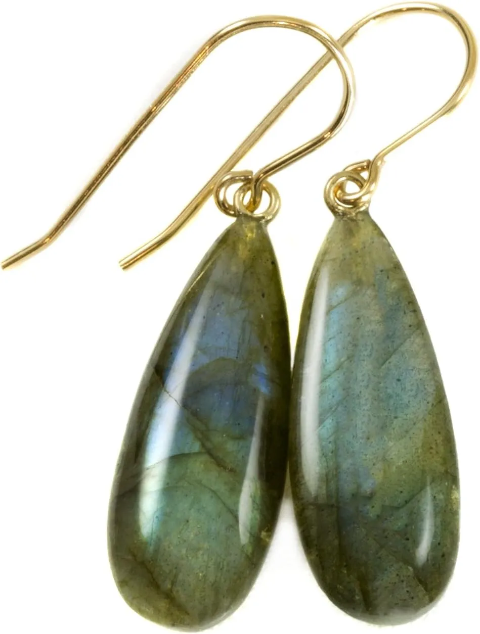 Labradorite Earrings Smooth Long Large Teardrop Blue Flash Simple Dangle Drops