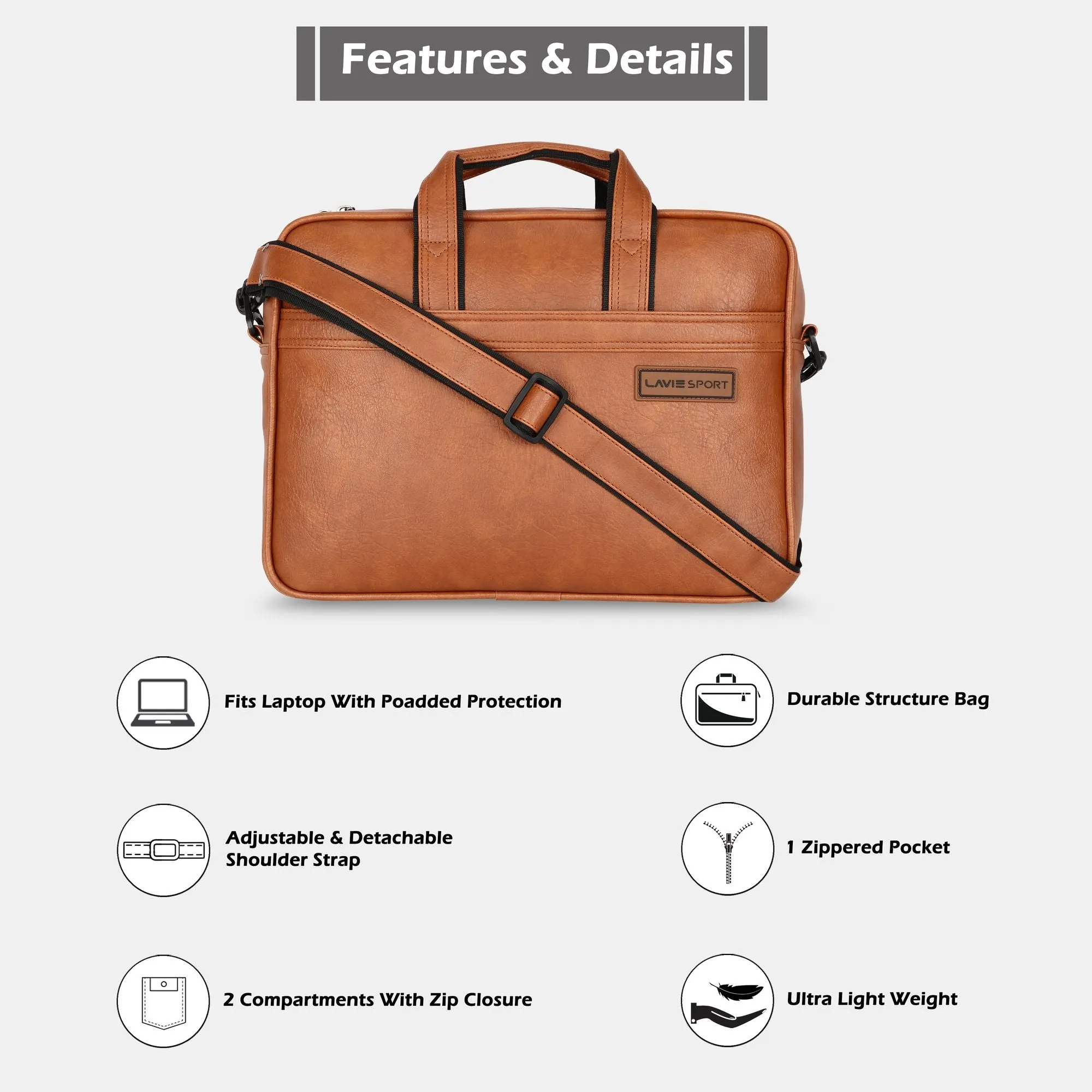Lavie Sport 1 Compartment Director Unisex Laptop briefcase Bag Tan