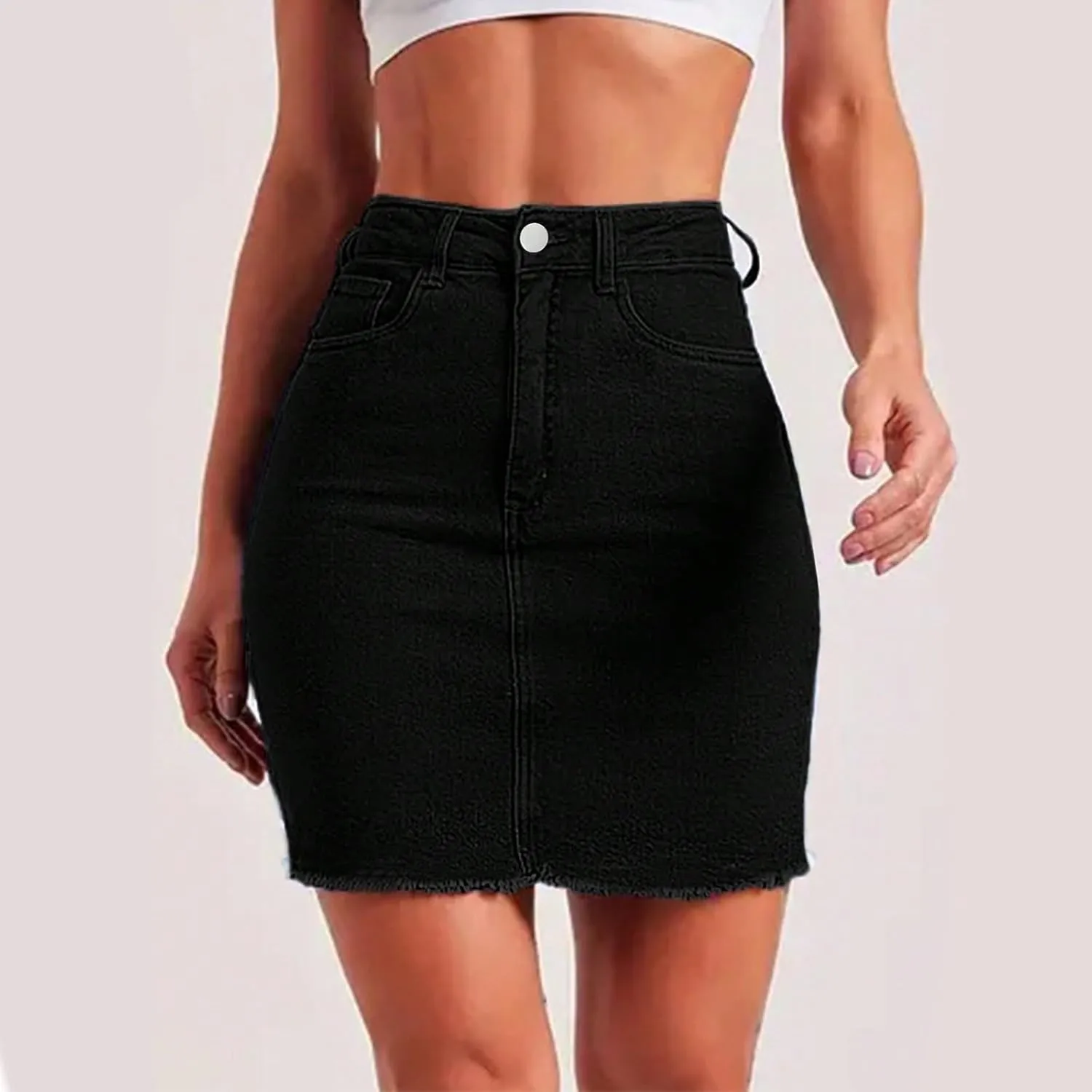 lcyhony Womens Jean Skirt Y2k High Waisted Tummy Control Pencil Mini Skirts Summer Boyfriend Frayed Denim Skirt with Pockets