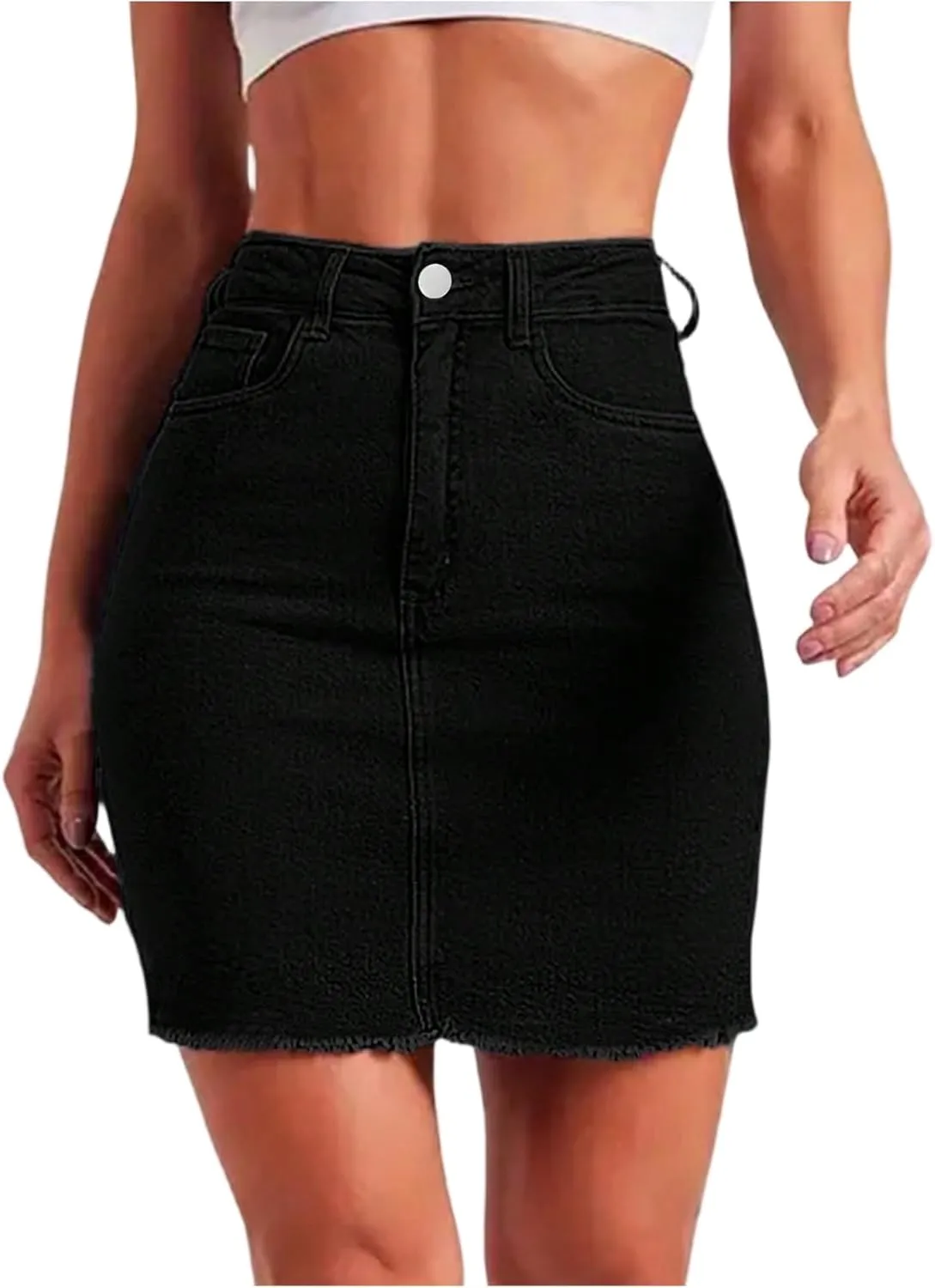 lcyhony Womens Jean Skirt Y2k High Waisted Tummy Control Pencil Mini Skirts Summer Boyfriend Frayed Denim Skirt with Pockets