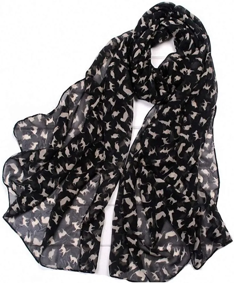 Lightweight Chiffon Printed Sweet Cartoon Cat Shawl Kitten Scarves for Women Graffiti Style Head Face Neck Hood Wrap