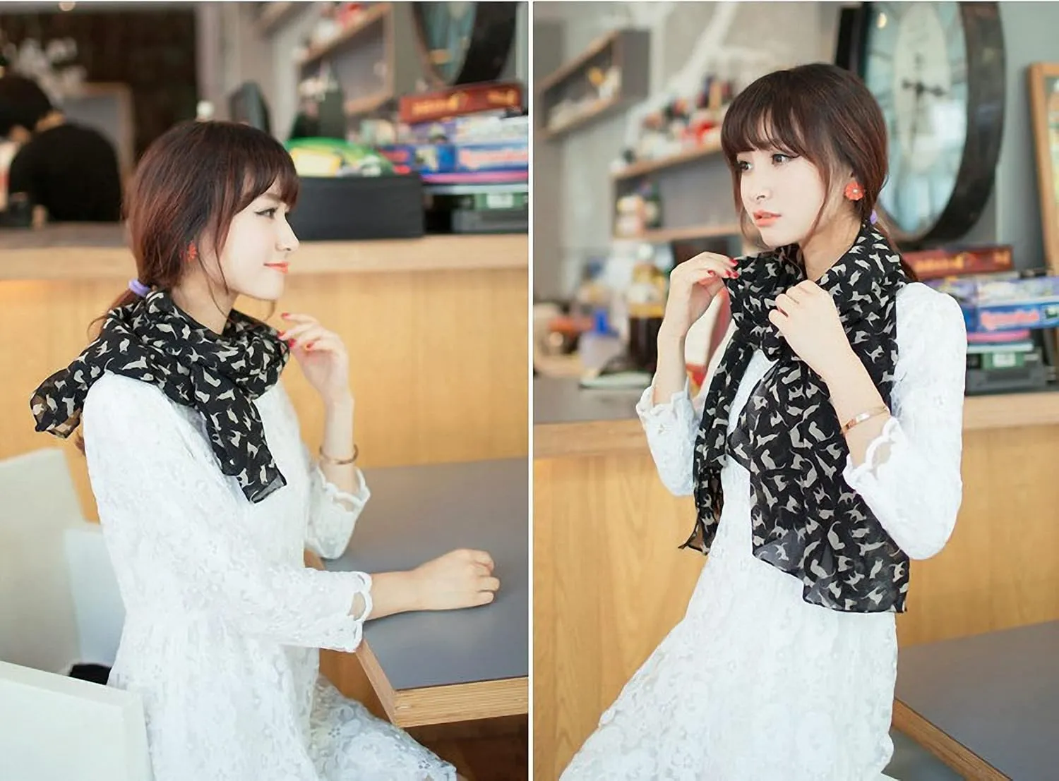 Lightweight Chiffon Printed Sweet Cartoon Cat Shawl Kitten Scarves for Women Graffiti Style Head Face Neck Hood Wrap