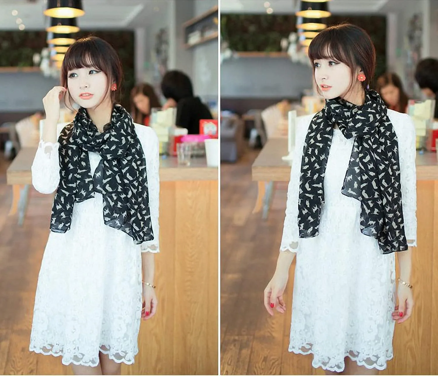 Lightweight Chiffon Printed Sweet Cartoon Cat Shawl Kitten Scarves for Women Graffiti Style Head Face Neck Hood Wrap