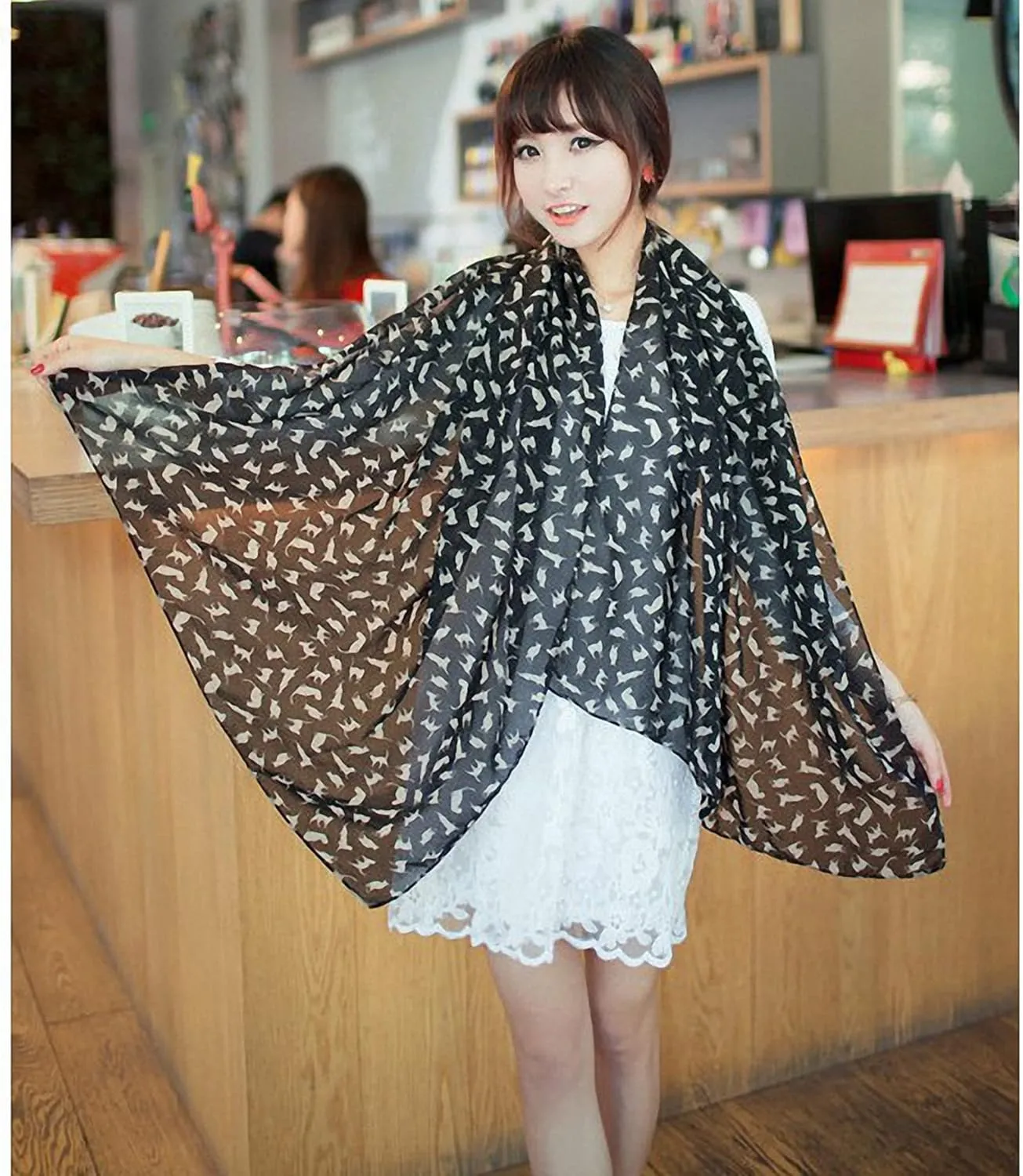 Lightweight Chiffon Printed Sweet Cartoon Cat Shawl Kitten Scarves for Women Graffiti Style Head Face Neck Hood Wrap