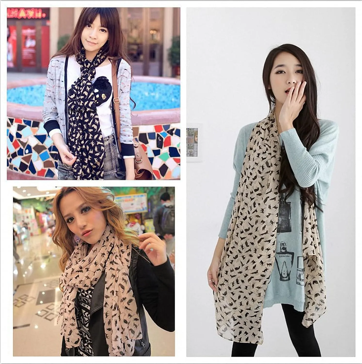 Lightweight Chiffon Printed Sweet Cartoon Cat Shawl Kitten Scarves for Women Graffiti Style Head Face Neck Hood Wrap